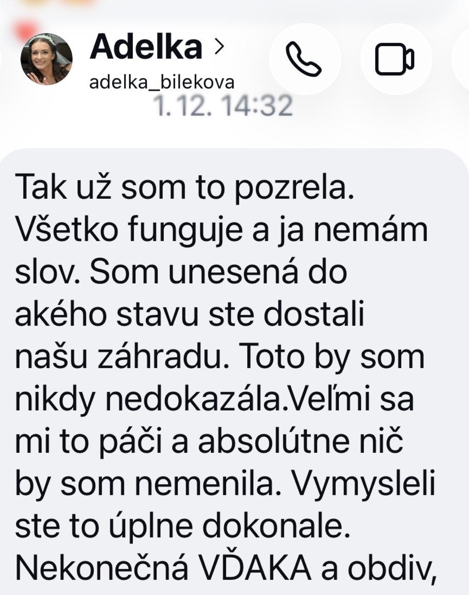 Instagram zpráva od klientky Adély